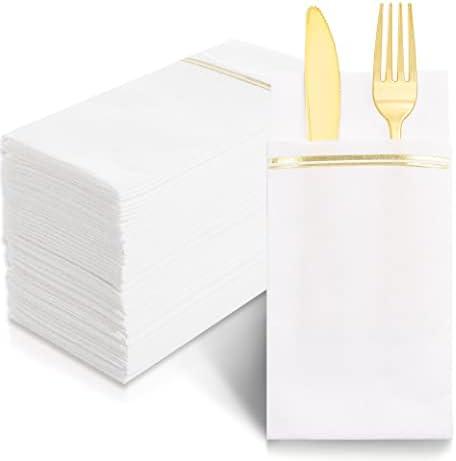 Nervure 100PCS Gold Paper Napkins with Built-in Flatware Pocket - White and Gold Prefolded Cloth Like Disposable Napkins - Heavy-duty Linen-Feel Dinner Napkins for Party & Wedding & Dinner