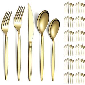 Evanda Gold Silverware Set 60 Piece Service for 12, Titanium Gold Plated Stainless Steel Modern Flatware Set, Knives Forks Spoons Set for Wedding, Parties, Birthday, Restauroom, Dishwasher Safe