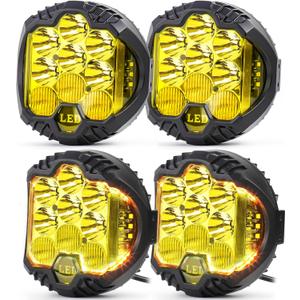 LIGBT 4PCS 5 Inch Amber Yellow Round LED Offroad Light with DRL 90W LED Light Pods 270 Wide Range Super Bright Side Shooter for Pickup Truck ATV UTV SUV