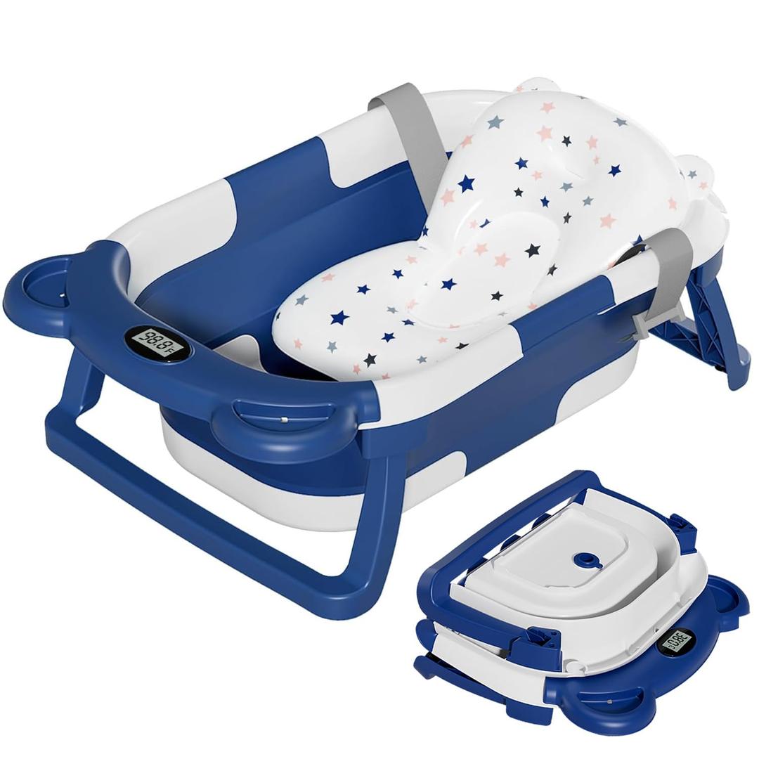 TPN Collapsible Baby Bathtub, Baby Bath Tub with Soft Cushion & Real-Time Thermometer, Baby Bathtub Infant to Toddler Tub (0-36 Months), Portable Newborn Travel Bath Tub (Dark Blue)