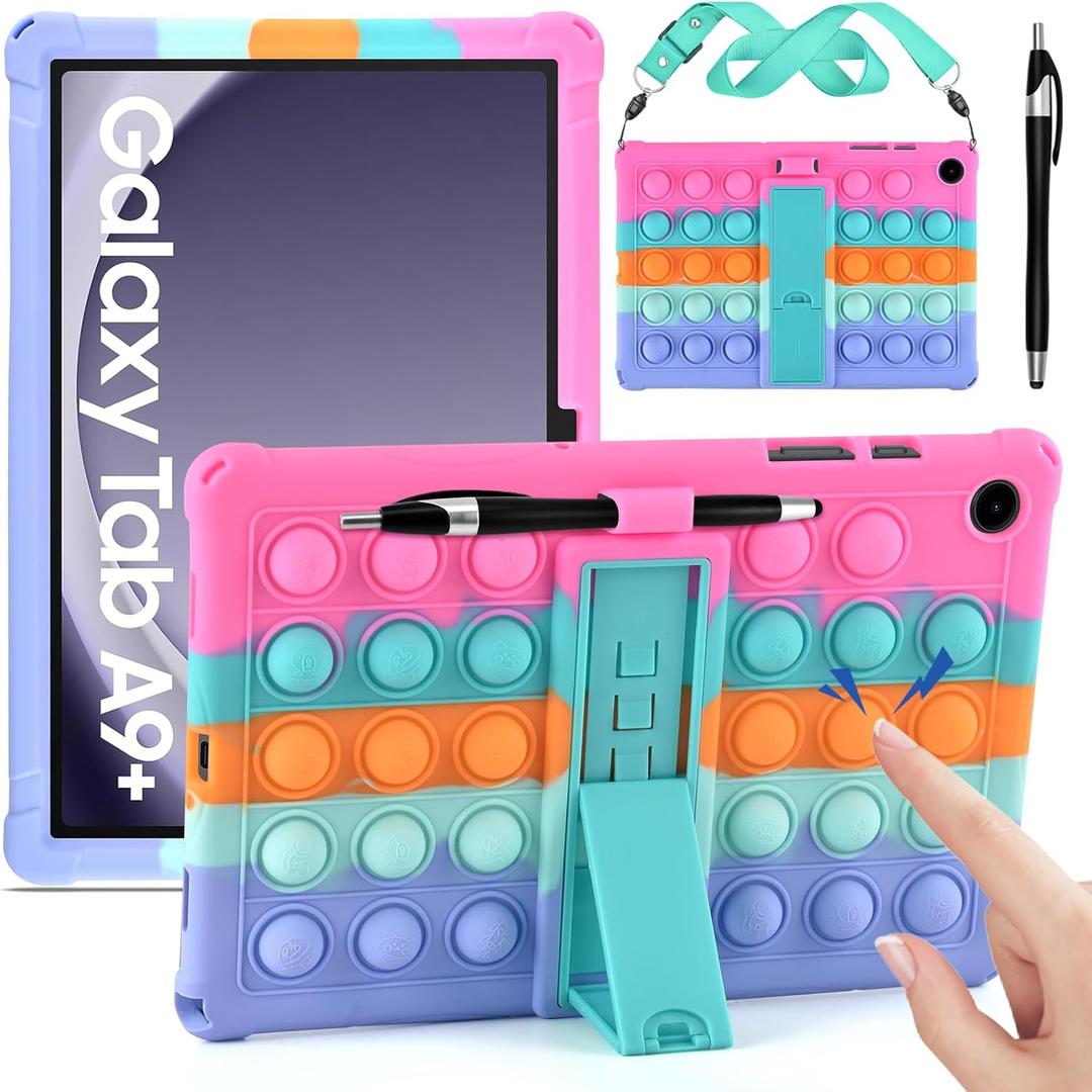 DETUOSI Silicone Case Compatible with Samsung Galaxy Tab A9 Plus 11 inch 2023 (SM-X210/X216/X218), Multi-Viewing Angles, Soft Anti-Stress Cover with Shoulder Strap & Stylus Pen,Dazzling Pink