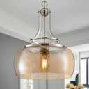 WUZUPS Nickel Chandelier Rustic Farmhouse Industrial Round Ceiling Pendant LED Light Fixture with Amber Glass Shade for Dining Room Kitchen Island Foyer Entryway, H 17" W 13.4", E26 Base