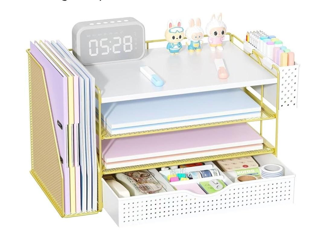 Wood Desk Organizers and Accessories with File Holder, 4-Tier Desk Accessories & Workspace Organizers with Drawer and Pen Holder, Desk Reference Organizer, Gold, 4T with Drawer