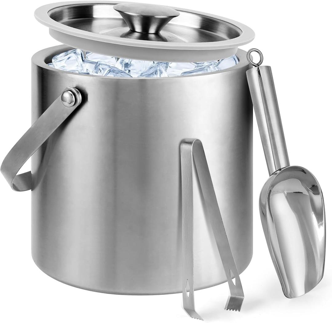 Ice Bucket, 3L Double Wall Insulated Ice Bucket with Lid,Scoop,Tongs- Inner Layer 304 Stainless Steel Ice Container Keep Ice Frozen Longer- Ideal for Cocktail Bar,Parties,Chilling Beer Win