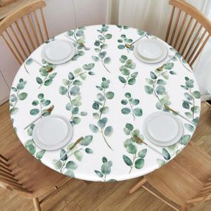 MiaoSi Spring Leaf Round Fitted Tablecloth with Elastic Edge Sage Green Watercolor Leaves Outdoor Table Cover for 40"-44" Rustic Stretch Table Cloth for Dining Room Party Picnic