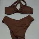 geluboao Bikini Set for Women Solid V Neck Knot Front Push Up High Leg Thong Two Piece Swimsuit Brown, Medium