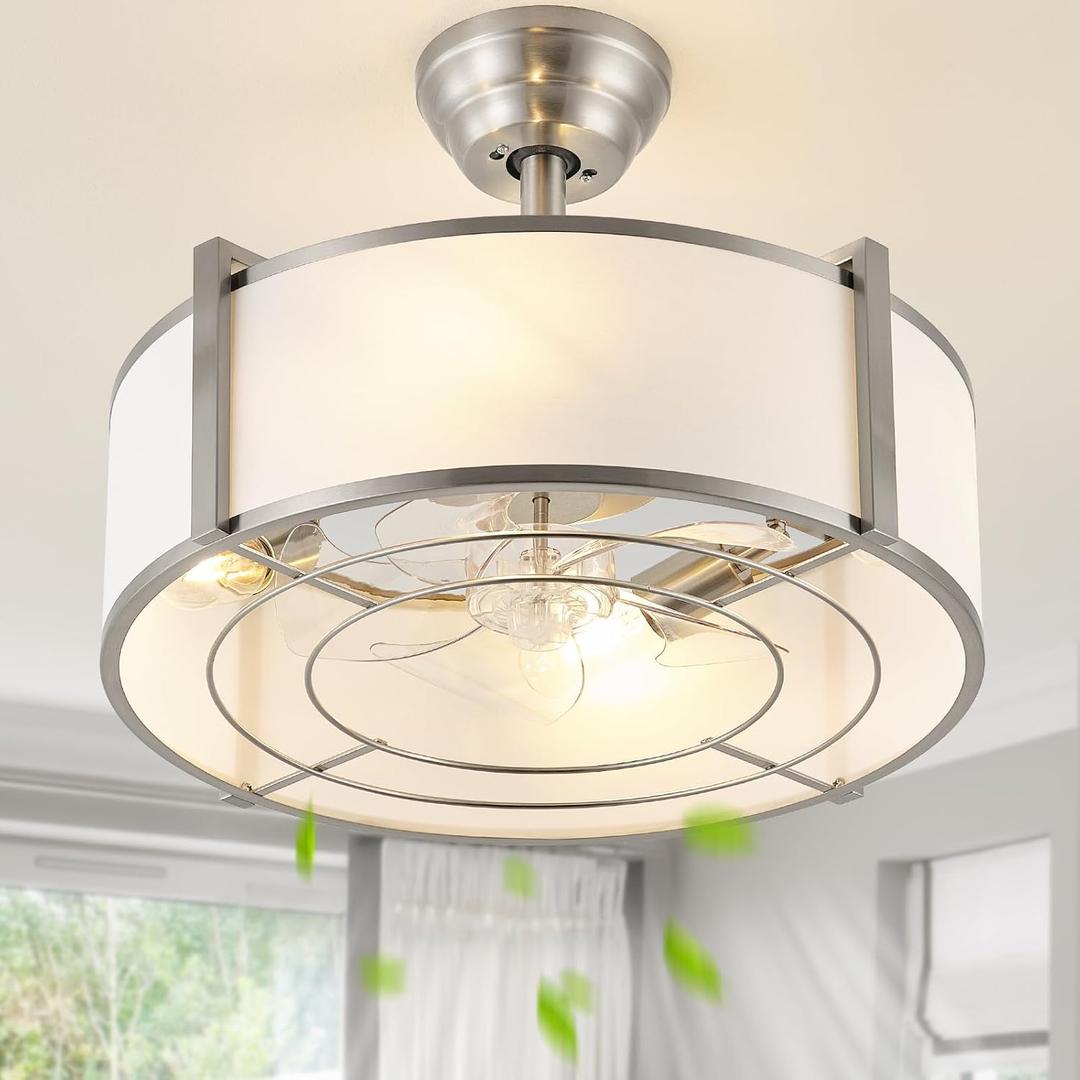 SYDACG 20" Caged Ceiling Fans with Lights, Silver Fandelier Ceiling Fan with Light, Boho Chandelier Fan Remote Control, 6 Speeds for Bedroom, Nursery, Living Room