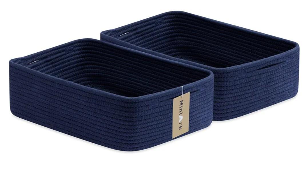 Large Shallow Organizing Baskets 15x11x5.1 Inches - Rope Woven Storage Bins for Bathroom, Shelves, Cube Closet, Navy Blue 1 Pack