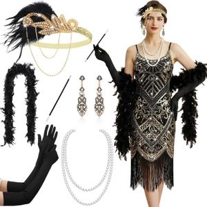 Shinymoon 1920s Flapper Costume for Women Flapper Dress Roaring 20s Costume Headband Necklace Sequins Fringe Set for Outfit (Large, Black Gold)