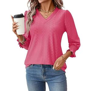 Rapbin 3/4 Length Sleeve Women's Tops Summer Trendy Puff-Sleeve V-Neck Blouses Dressy Casual Textured Smocked T-Shirt,  S