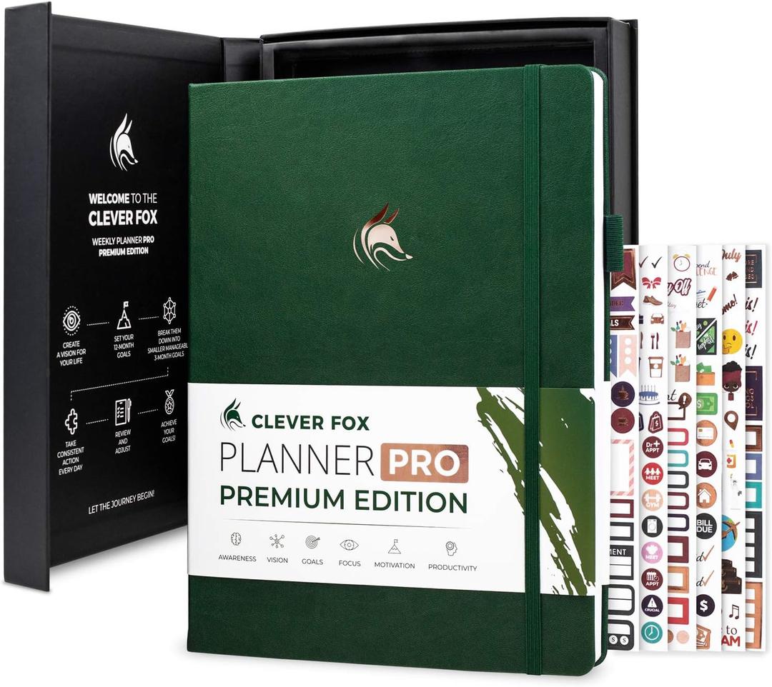 Clever Fox Planner Pro Premium Edition Luxurious Weekly & Monthly Planner + Budget Planner Organizer for Productivity & Reaching Goals, Undated, A4 Hardcover + Keepsake Box, Lasts 1 Year, ForestGreen