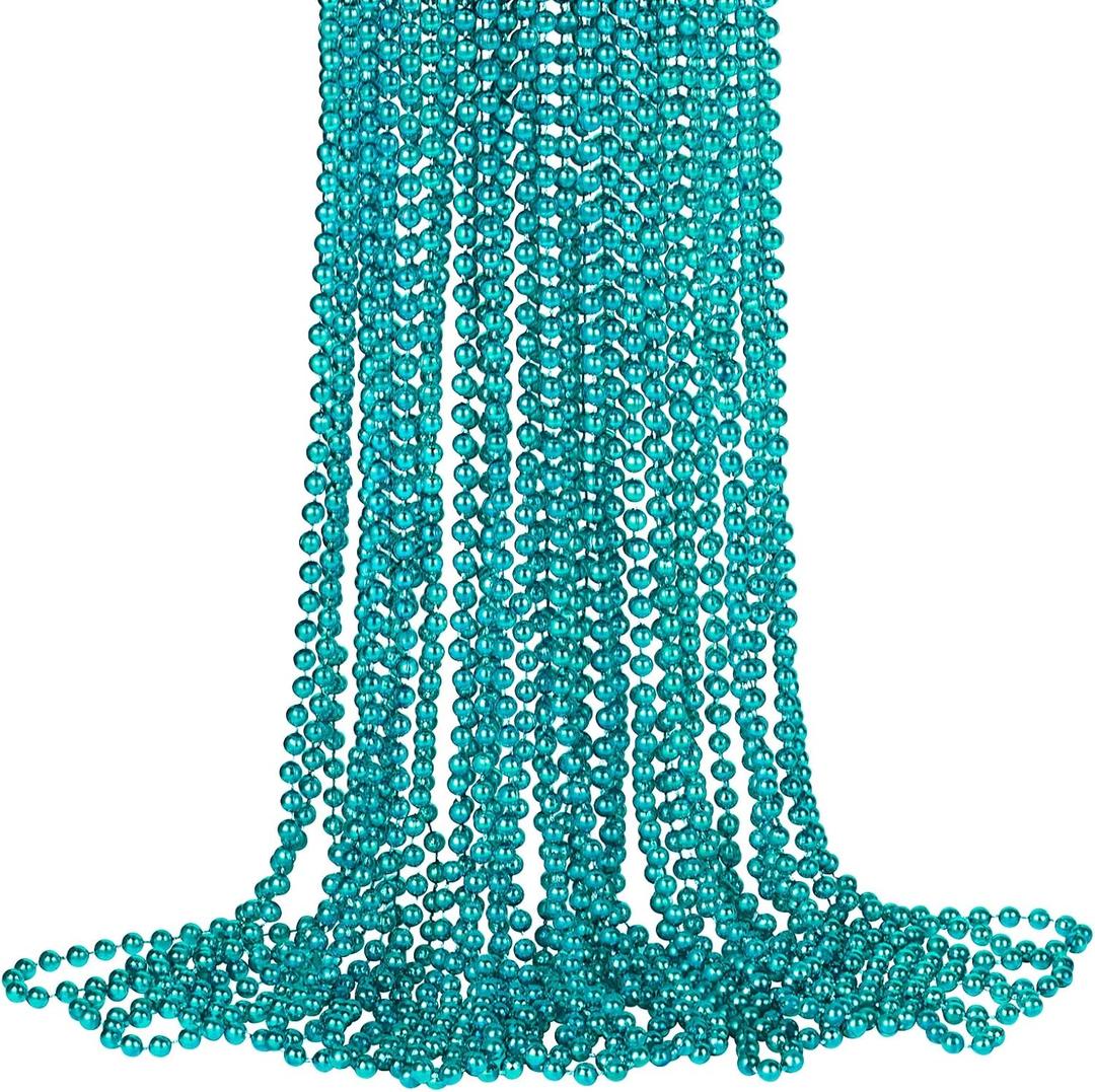 16pcs Teal Plastic Round Beaded Necklaces, 33inch Mardi Gras Party Decoration Supplies