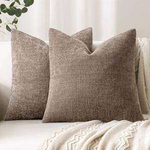 Woaboy Set of 2 Textured Throw Pillow Covers Decorative Soft Accent Square Chenille Pillowcases Neutral Farmhouse Cushions Modern Home Decor for Couch Sofa Bedroom Living Room 24x24 Inch, Taupe Gray