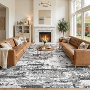 Area Rugs for Living Room: 10x14 Abstract Washable Rug Modern Neutral Large Soft Stain Resistant Non-Slip Backing Machine Table for Bedroom Dining Room Indoor Home Office Carpet - Black Grey