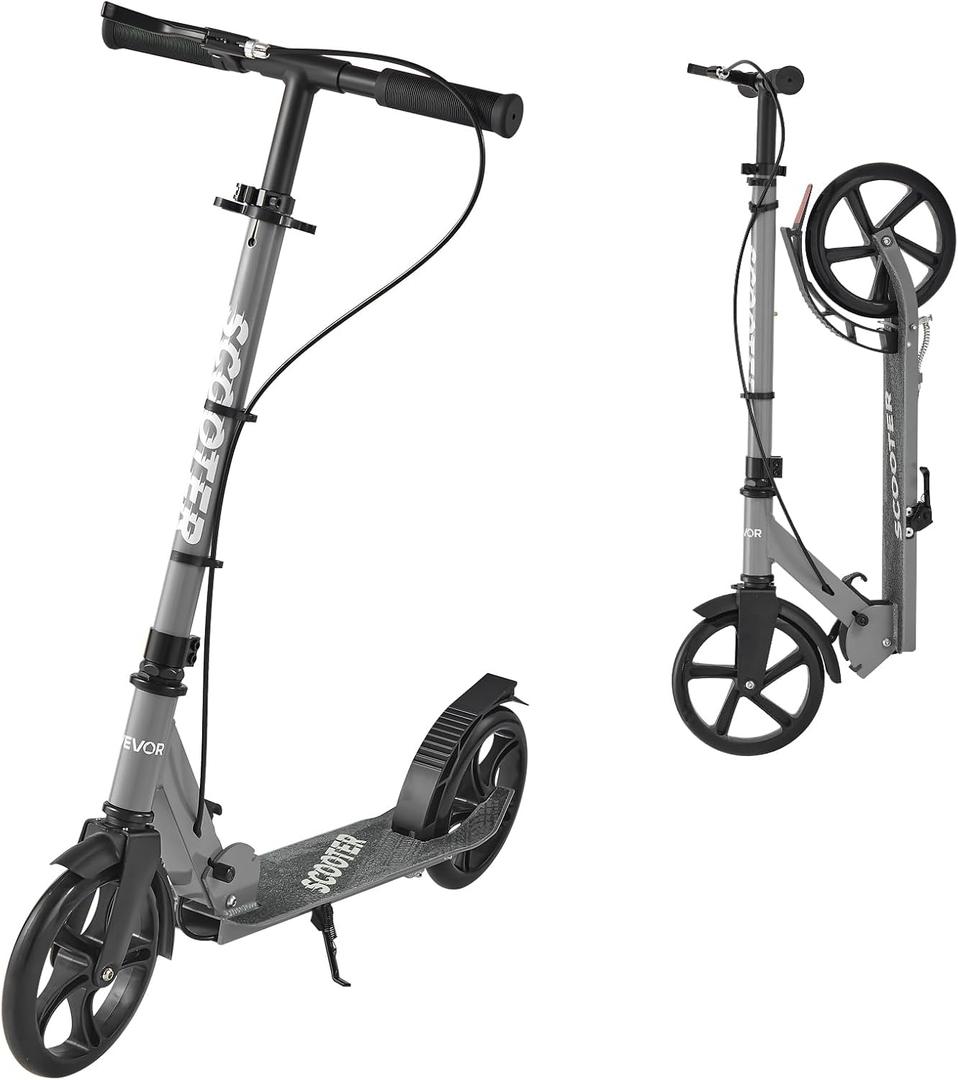 VEVOR Kick Scooter for Kids Ages 8+, Teens & Adults, 2-Wheel Toddler Scooter with Adjustable Height Handlebar, Wide Anti-Slip Deck, Foldable Lightweight Frame for Boys & Girls up to 220 lbs, Gray