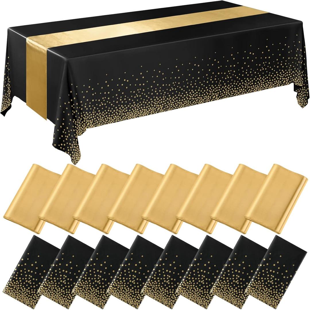 Tudomro 16 Pieces New Year Black and Gold Disposable Plastic Tablecloths and Satin Table Runner Set 54x108 Inch Tablecloth 12x108 Inch Table Runners for Wedding Birthday Baby Shower Graduation