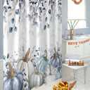 Thanksgiving Blue Pumpkins Fabric Shower Curtain, Autumn Watercolor Leaf Decorations Funny Shower Curtains for Bathroom Set with Hooks, Waterproof & Washable Bath Curtains Fall Decor 72x72 inch