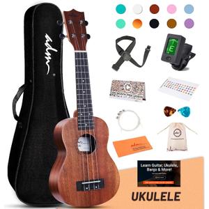 ADM Ukulele for Beginners Hawaiian Sapelewood Ukelele Kit for Adult Student Starter Professional Ukalelee Pack Bundle with Free Lessons Gig Bag Strap Nylon String Tuner (Brown-Sapele, 21 Inch)