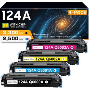 124A Toner Cartridge (4 Colors, K/C/Y/M) Replacement for HP 124A Q6000A Q6001A Q6002A Q6003A Toner Compatible for HP Color Laser Jet 1600 2600 2600n 2605 2605dn 2605dtn CM1015 CM1017 MFP Printer