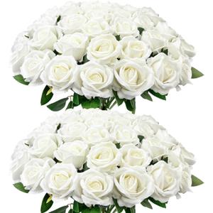 Bulk Artificial Flowers 50 PCS, Fake Velvet Silk White Roses with Long Stems Realistic Bouquet for Wedding Centerpieces, Faux Arrangement for Home Table Decor