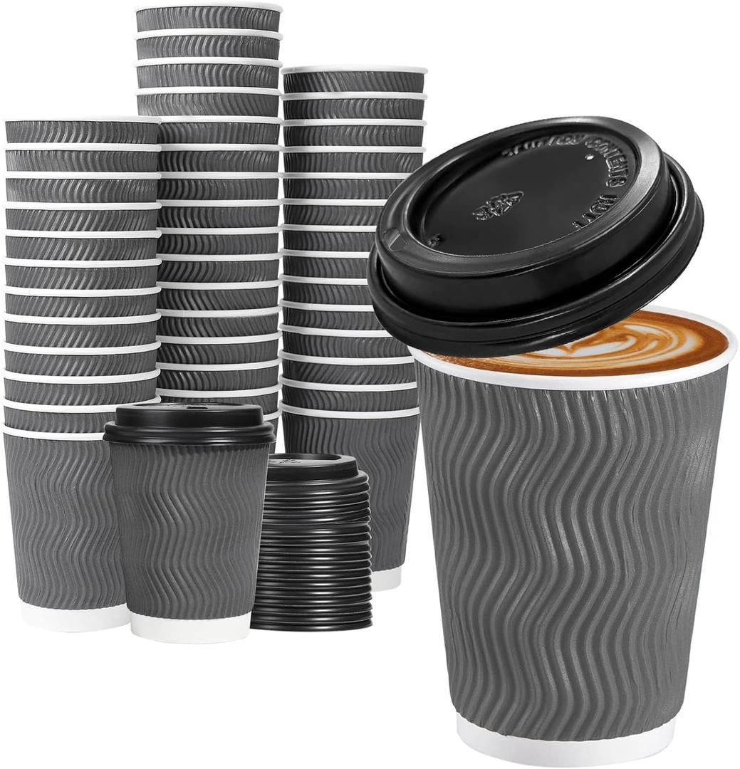Lamosi 50 Pack - 12 oz Insulated Disposable Coffee Cups with Lids, To Go Paper Coffee Cups with Lids, Corrugated Ripple Wall Cup for Hot Drink Office Coffee Bar (Gray)