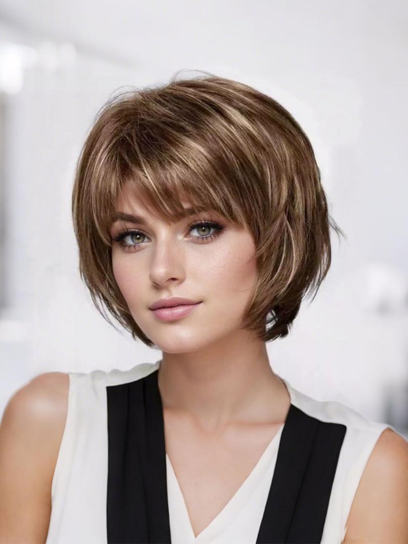 Brown Blonde Highlight Pixie Cut Wig with Bangs Bob Wigs for White Women, Layered Short Haircuts Wigs for Women with Thin Hair/Grey Hair Covery Natural Looking Synthetic Wig Daily Party Use