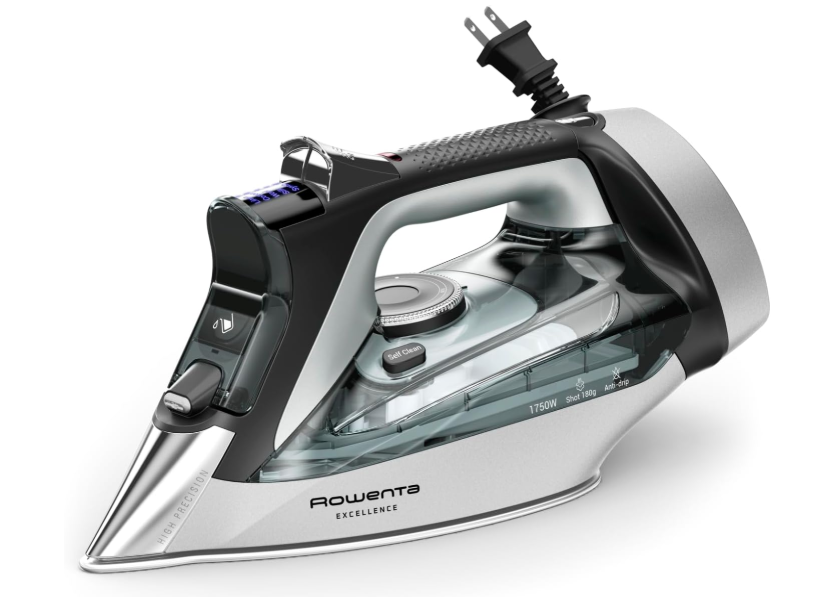 Rowenta Iron, Focus Excellence Stainless Steel Soleplate Steam Iron for Clothes, Retractable Cord, Powerful steam, LED Display, 1750 W Ironing Clothes, Cordreel, Green DW5432 