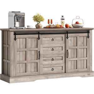 DWVO 59" Kitchen Storage Cabinet, Sideboard Buffet Cabinet with Storage, Sliding Barn Doors and 4 Drawers for Living Room/Kitchen, Wash Grey