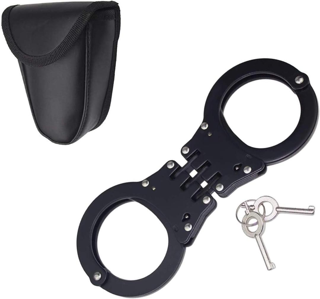 Double Lock Handcuffs, Adjustable Heavy Duty Steel Wrist Cuffs with 2 Keys & Handcuffs Holster in Police Edition Professional Grade