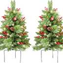 HomeKaren Christmas Tree 24 inch Prelit 2 Set Pathway Porch Christmas Trees Pre-Light LED Battery Operated Outdoor Xmas Decor for Entrance Driveway, Yard, Garden, Red Berries, Pine Cones