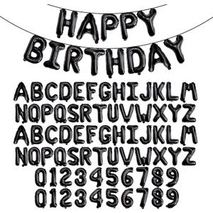 [85 PCS] 16" Black Letter Number Balloons, Happy Birthday & 2 Sets of A-Z 0-9, Foil Mylar Aluminum Hanging Alphabet for Graduation New Year eve Birthday Party Decorations