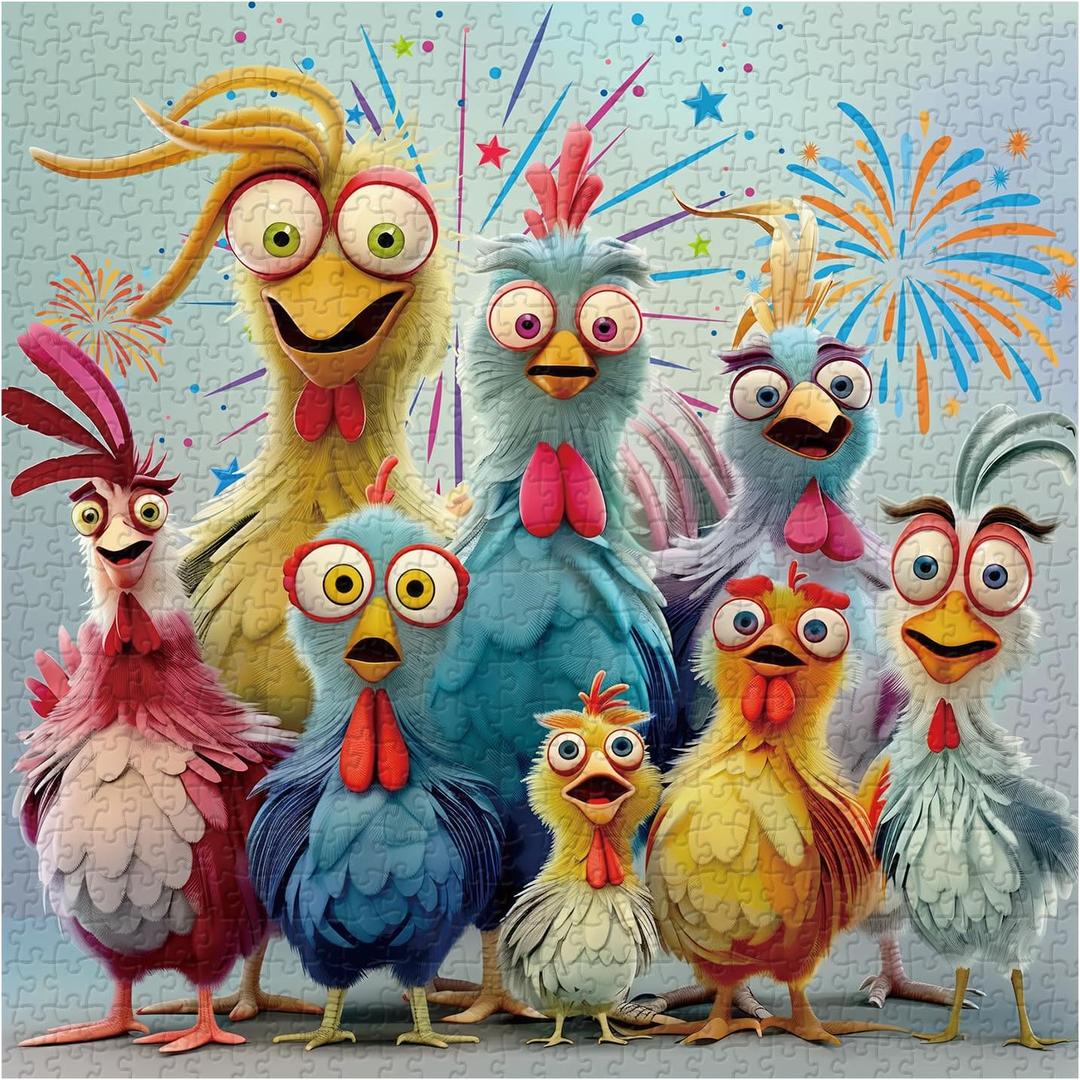 Chicken Puzzles for Adults 1000 Pieces, Funny Chicken Family Jigsaw Puzzles, Colorful Rooster Animal Puzzle as Home Decor