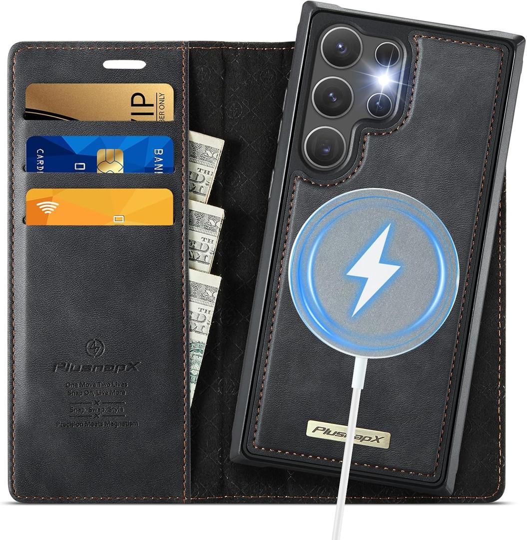 Wallet Case for Samsung Galaxy S25 Ultra Compatible with Magsafe, 2-in-1 PU Leather Flip RFID Blocking Card Holder Stand Shockproof Magnetic Detachable Cover for Galaxy S25 Ultra Case, Black