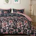 Dobuyly King Size Comforter Set, 7 Pieces Black and Pink Floral Comforter Set, Bed in a Bag King with Botanical Flowers Pattern, All Season Farmhouse Bedding Set with Sheets, Pillowcases & Shams