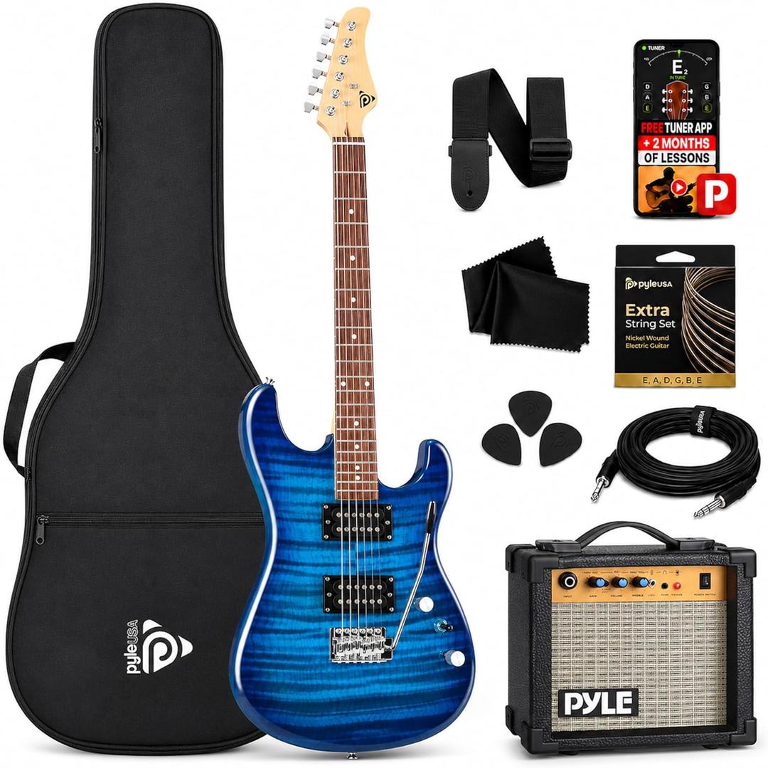 Pyle Electric Guitar Kit with Amp, Full Size Instrument with Humbucker Pickups, Guitarra Electrica Amplifier and Beginner Bundle Accessories, 39" Legacy Blue