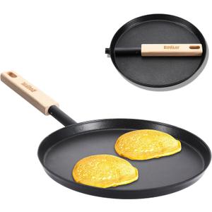 Frying Pan Skillet 8-inch Flat Griddle Pan, Lightweight Small Grill Pan with Wooden Handle for Camping Indoor Outdoor Cooking (Black)