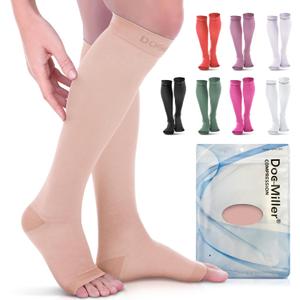Doc Miller Open Toe Compression Socks, 20-30 mmHg, Toeless Compression Sleeves for Legs, Knee High Stockings for Shin Splints, Varicose Veins, Travel, Calf Support & Muscle Recovery, Men & Women, Pair (Large, Skin/Nude)