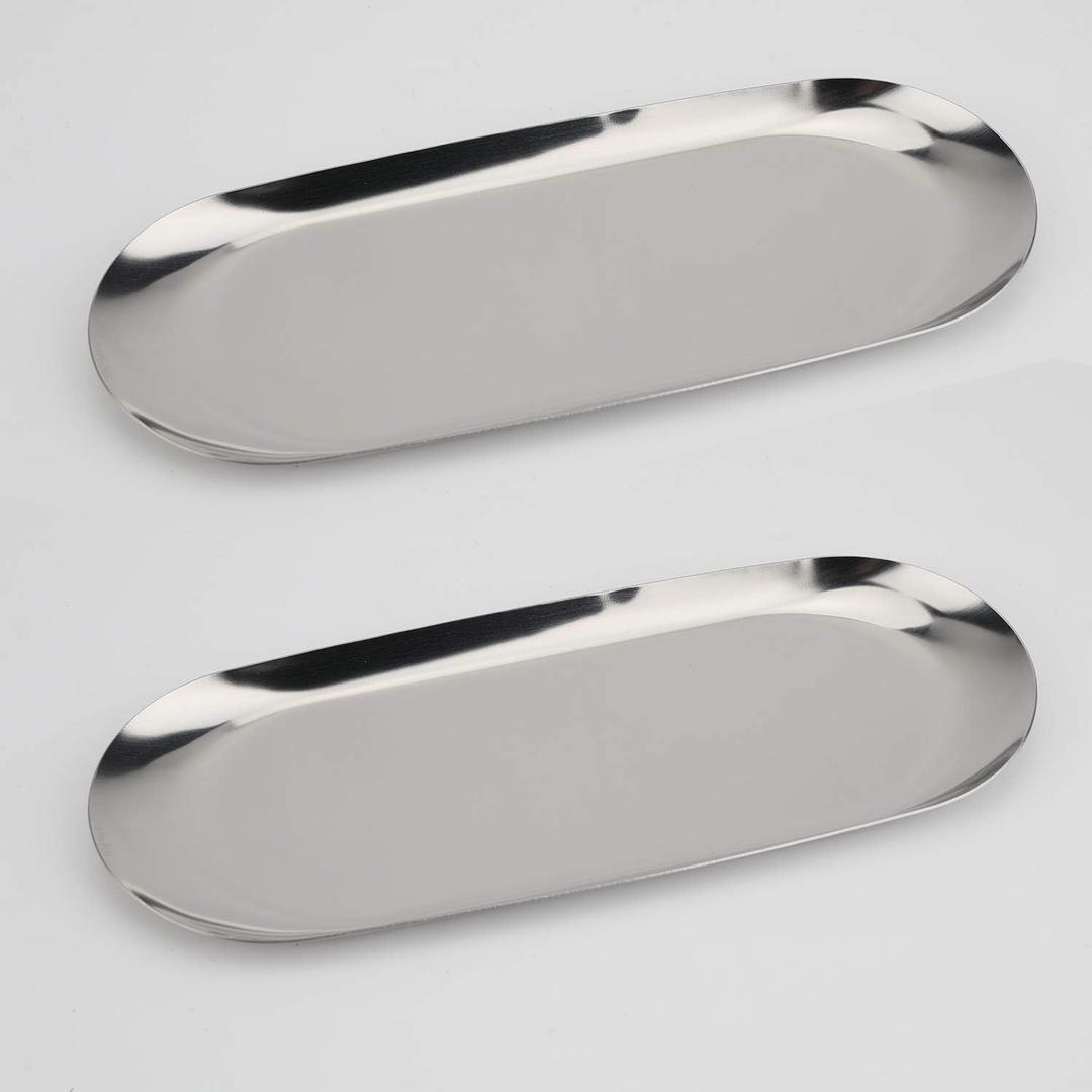 Stainless Steel Decorative Tray, Set of 2, 9 Inch Long, Jewelry Dish Cosmetics Organizer Bathroom Clutter Serving Platter Small Storage Tray, Oval, Silver
