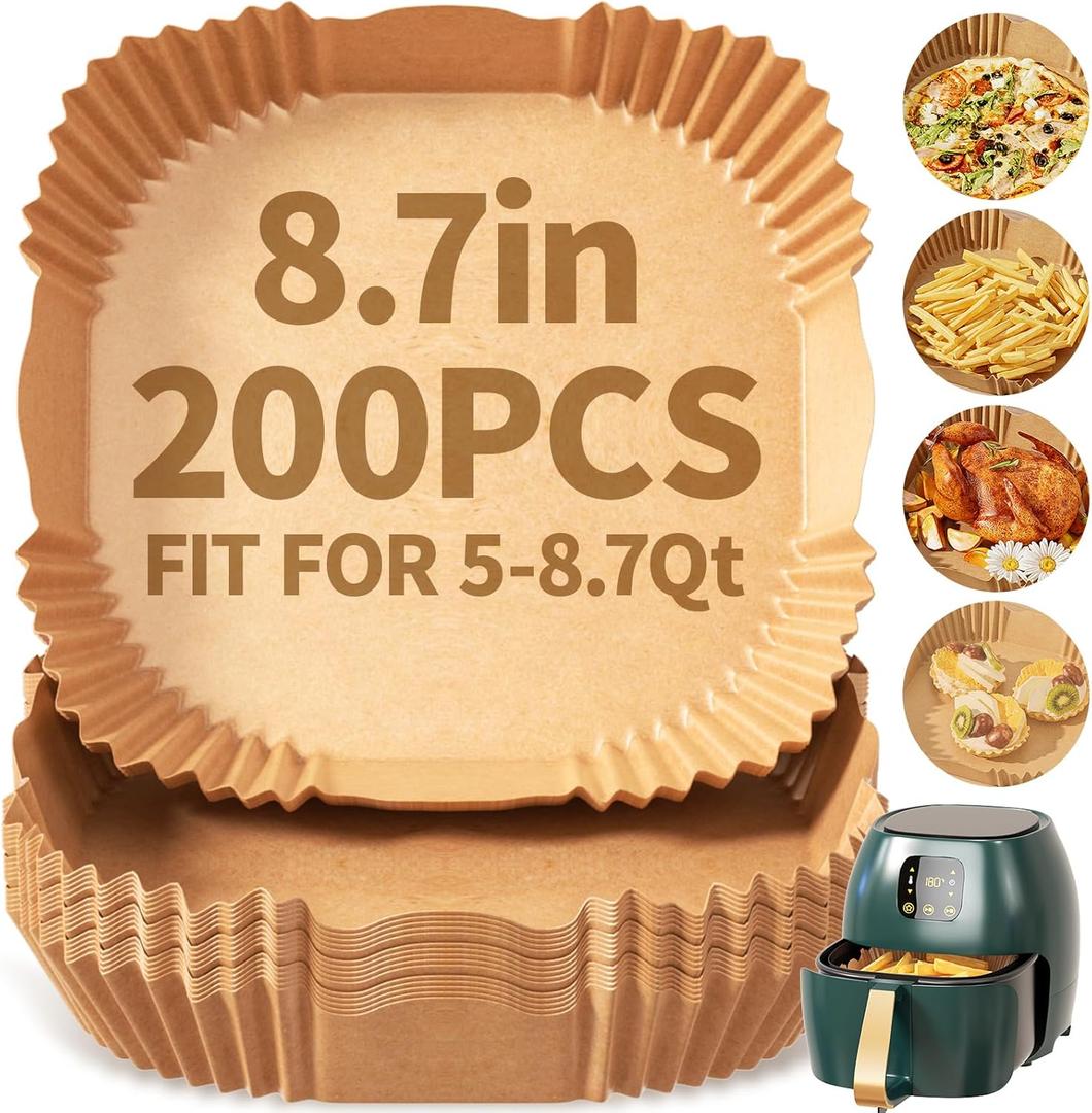 200 PCS Air Fryer Disposable Paper Liners,8 Inch Square Parchment Disposable Paper Liner for 5-8QT Air Fryer,Baking, Roasting and Microwave, Non-Stick Airfryer Accessories (Nature)