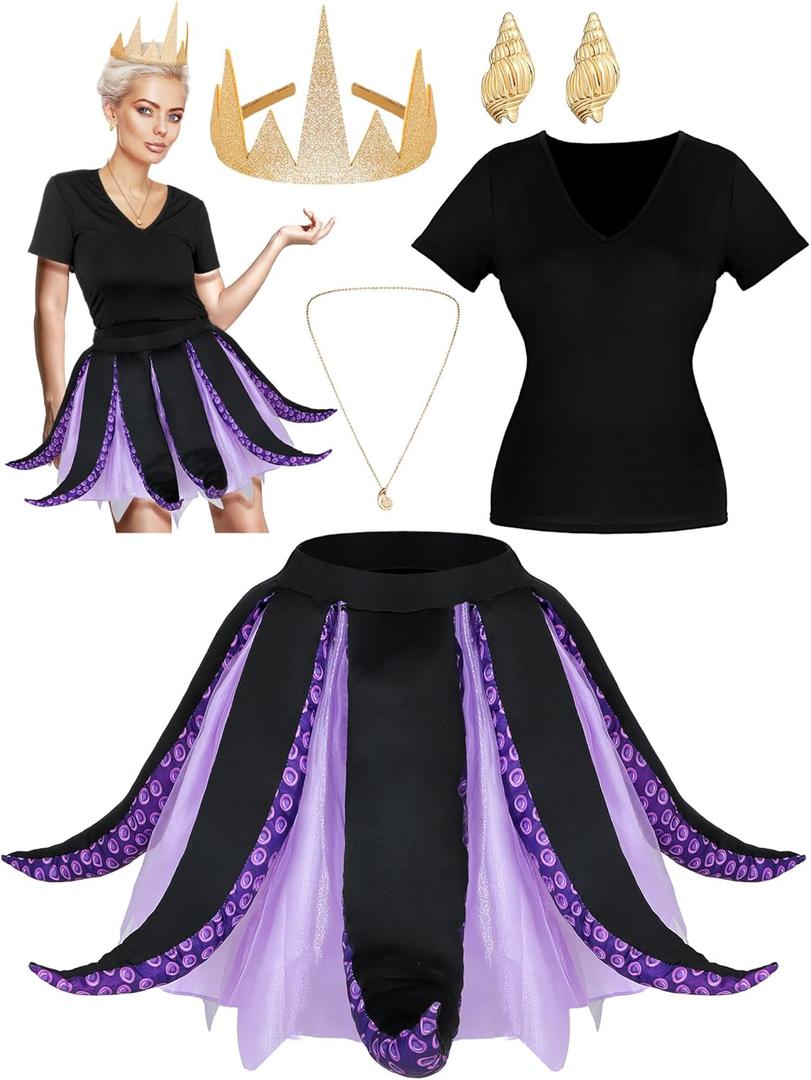 Ramede 5 Pcs Women Octopus Costume Halloween Witch Costume Purple Cosplay Tentacle Skirt Gold Necklace Earring