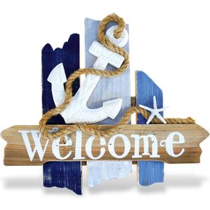 CoTa Global Atlantic Anchor Welcome Nautical Decor Sign - Nautical Themed Wood Sign, Beach Decor for Wall, Novelty White and Blue Starfish and Anchor Wooden Figure, Coastal Wall Decor Sign Accent