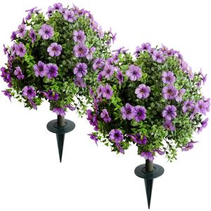 Artificial Green Plants, Artificial Purple Spherical Flowers, 23.6 inches, UV-Resistant, with Ground Anchors, Suitable for Indoor and Outdoor Garden and Home Decoration, 2 Pieces per Pack