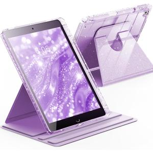 INFILAND Rotating Case for iPad 9th Generation (2021) / 8th Generation (2020) / 7th Generation (2019) 10.2 Inch 360 Rotating Cute Glitter Cover with Crystal Clear Back, Pencil Holder (Light Purple)