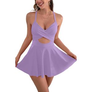 B2prity Women Cutout One Piece Skirt Swimsuit V Neck Wrap Tie Back Swimdress Tummy Control Bathing Suits (Small, Light Purple)