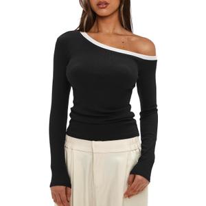 Darong Women Off The Shoulder Top Long Sleeve Shirts Tight Fitted Going Out Tops Tee Y2k Outfits (X-Small, Black)