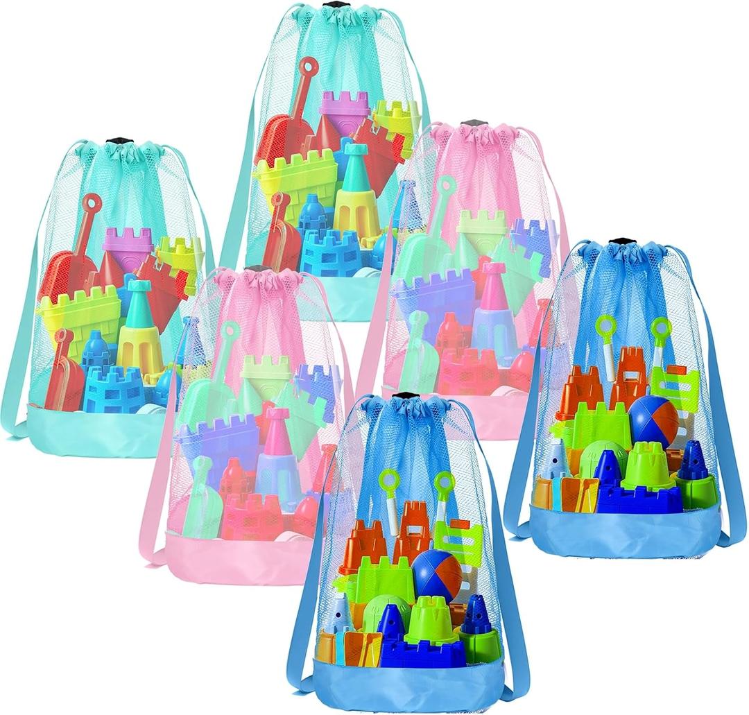 Vodolo Beach Toy Bag,6pcs Mesh Travel Sand Toys Backpack for Sandbox Buckets,Beach Vacation Essentials for Kids,Shell Collecting Bag Shelling Tools,Beach Must Haves Sand Box Toys Seashell Bags
