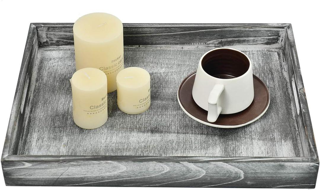 Rustic Distressed Wood Food Breakfast Serving Tray Octagon Serving Tray in Bed with Cutout Carrying Handles Coffee Office Desktop Document Holder Home Kitchen (Grey) (Gray)