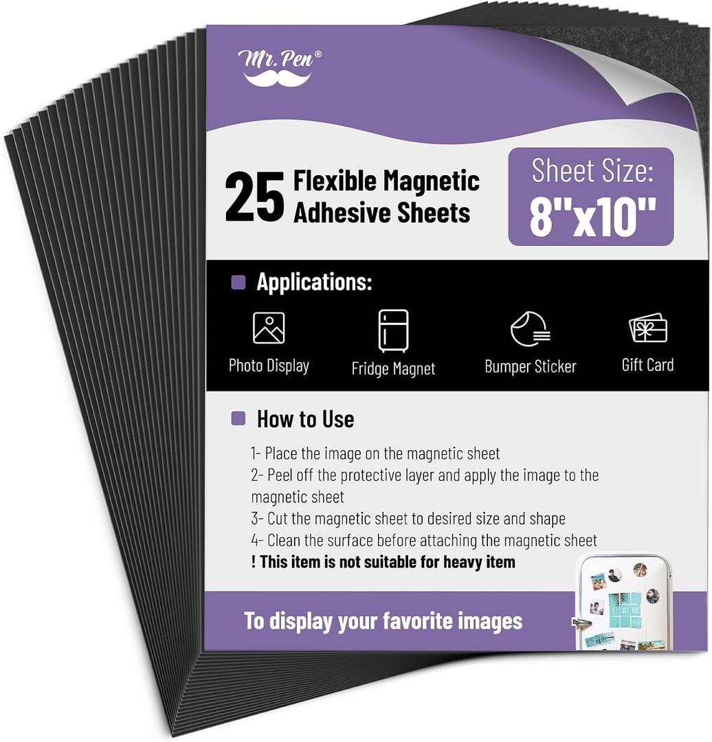 Mr. Pen- Adhesive Magnetic Sheets, 8" x 10", 25 Pack, Magnetic Sheets with Adhesive Backing, Magnetic Sheets, Flexible Magnetic Sheet, Picture Magnets, Cuttable Magnetic Sheets