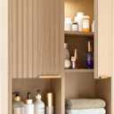 HAIOOU Fluted Bathroom Wall Cabinet with Motion Sensor Light, Curved Profile Wooden Medicine Cabinet Wall Mounted Cupboard, Wave Like Over Toilet Storage Cabinet with Buffering Hinges - Natural, 23.62 x 8.27 x 29.13 inches