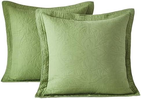 WINLIFE 100% Cotton Quilted Euro Sham Covers, 2 Pack Cotton 26'' x 26'' Pillow Covers, Soft and Breathable Euro Shams, Square Pillow Shams, Olive Green